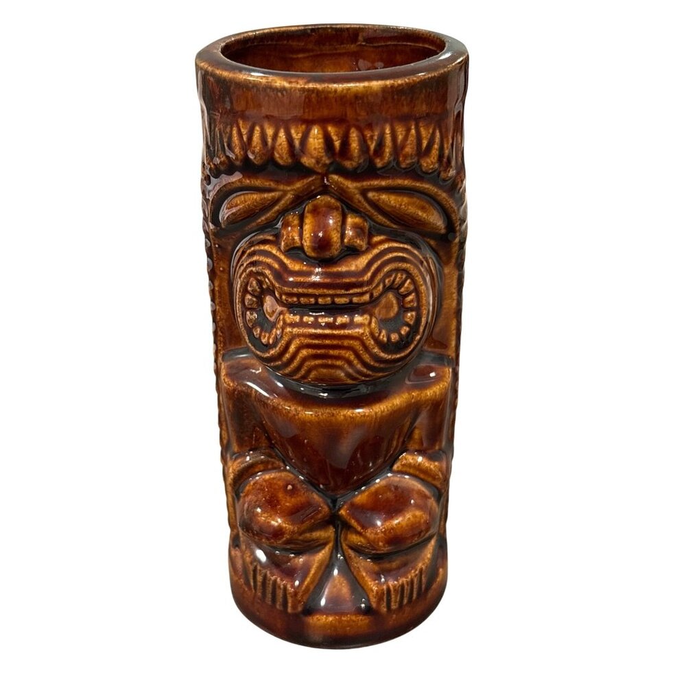 Vintage Hawaiian Tiki Brown Ceramic Mug 7" Tall Collectible Barware Decor
